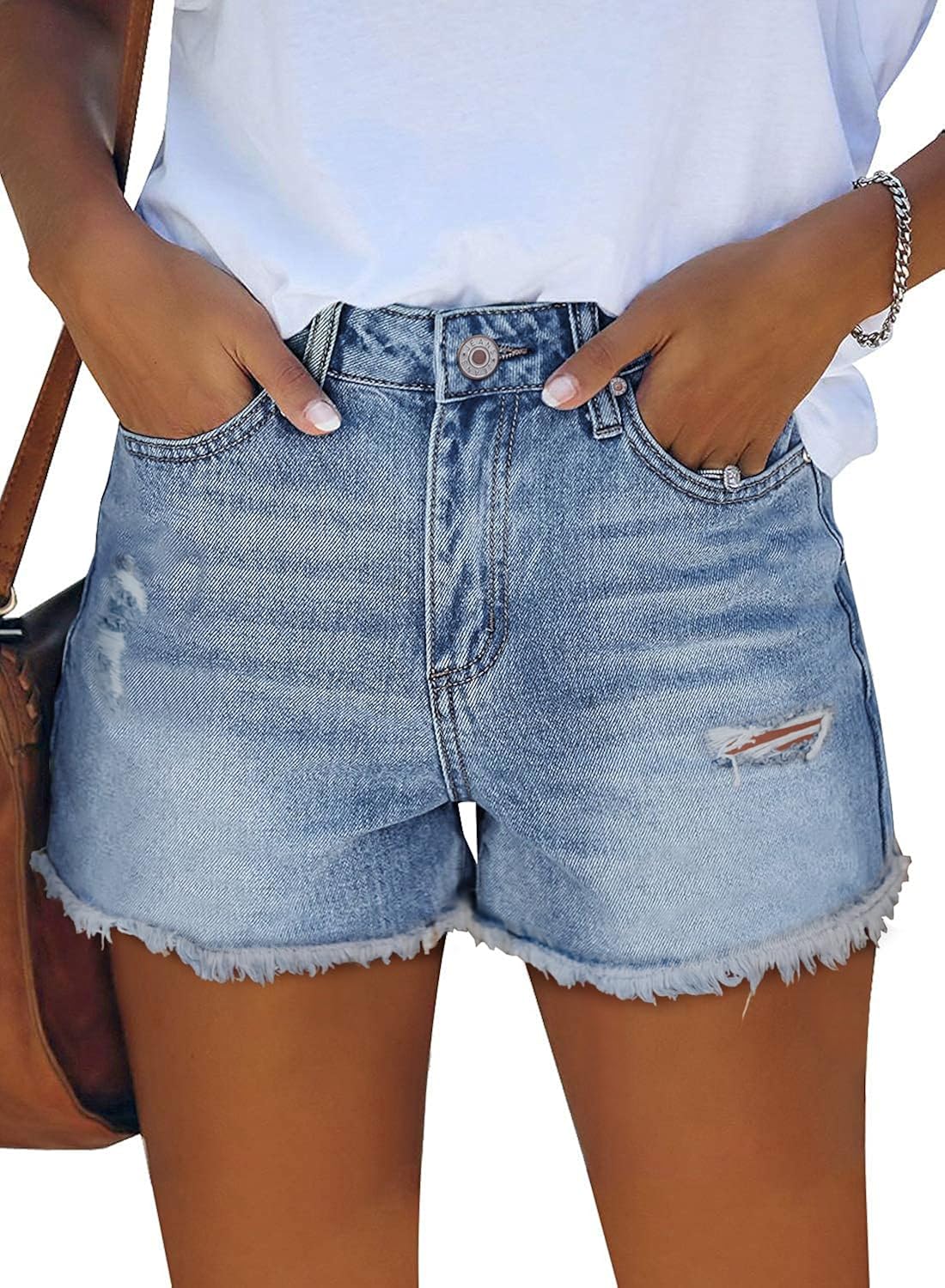 ZOLUCKY Women's Casual Summer Denim Shorts Mid Waisted Stretchy Ripped Jean Shorts with Pockets
