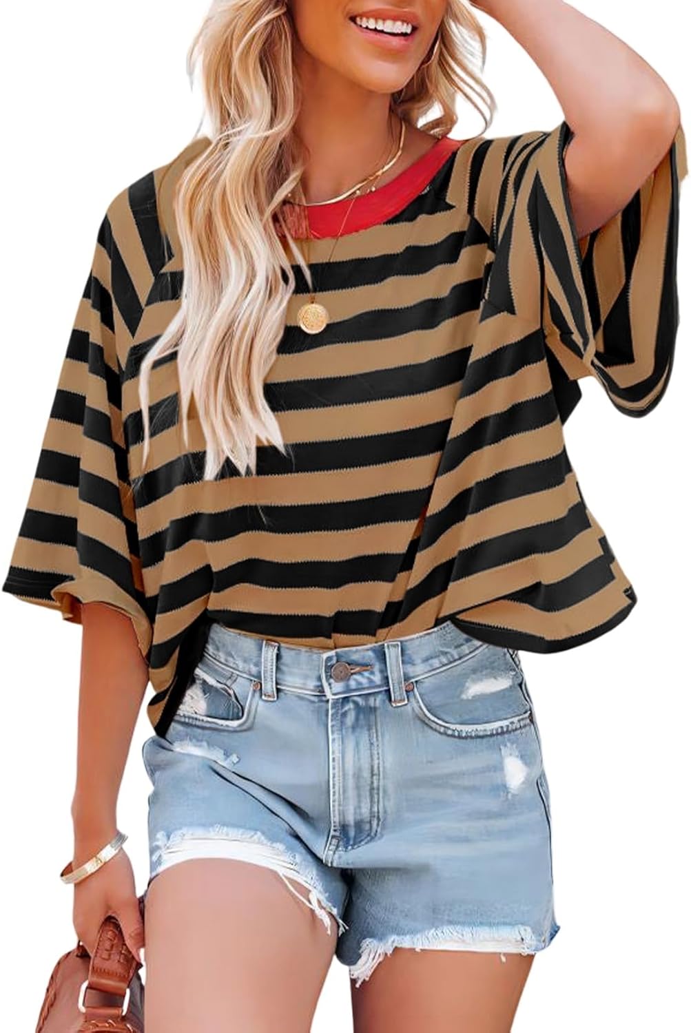 Dokotoo Tops for Women Striped 2025 Fashion T Shirts for Women Color Block Crewneck Design Loose Basic Tee