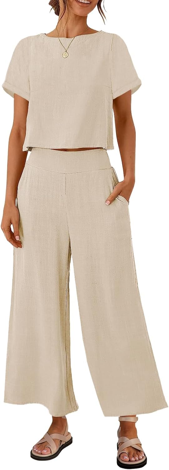ZESICA Women's 2 Piece Outfits Linen Short Sleeve Crop Top and Wide Leg Pants Lounge Matching Set Tracksuits Trendy Clothes