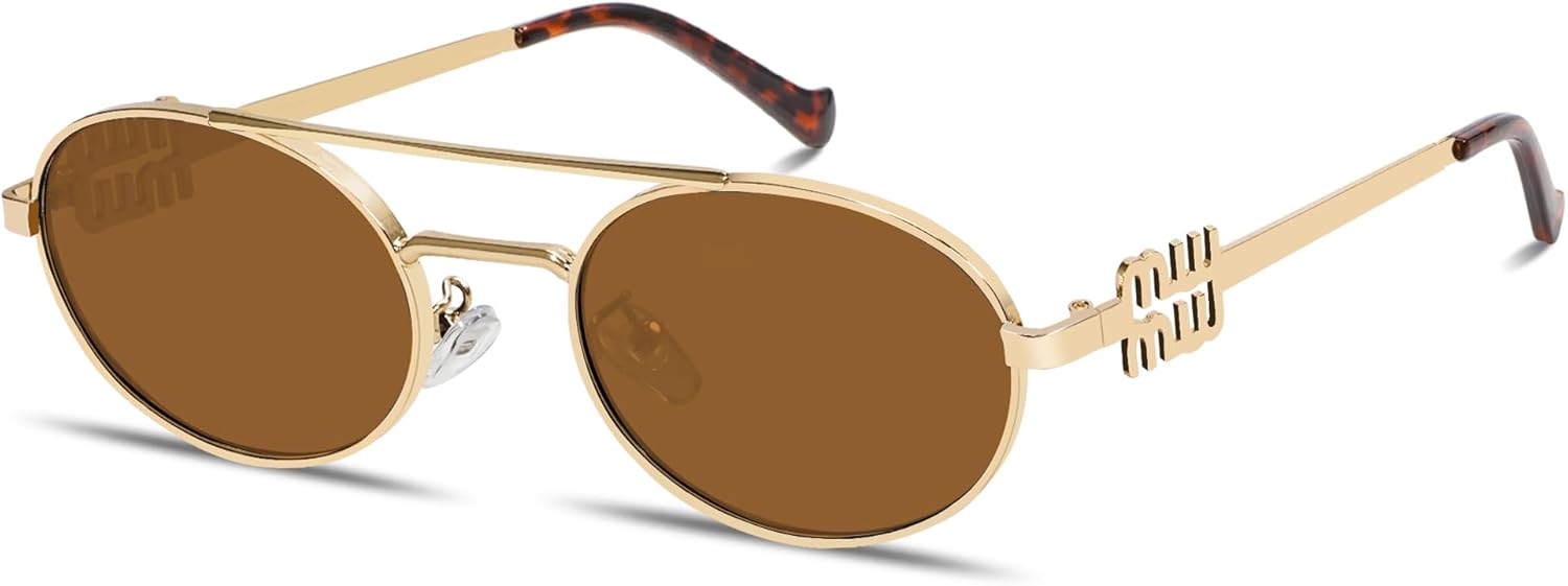 Retro Oval 90s Metal Sunglasses for Women, 2025 Trendy Chic Narrow Gold Sun Glasses Fashion Sunnies