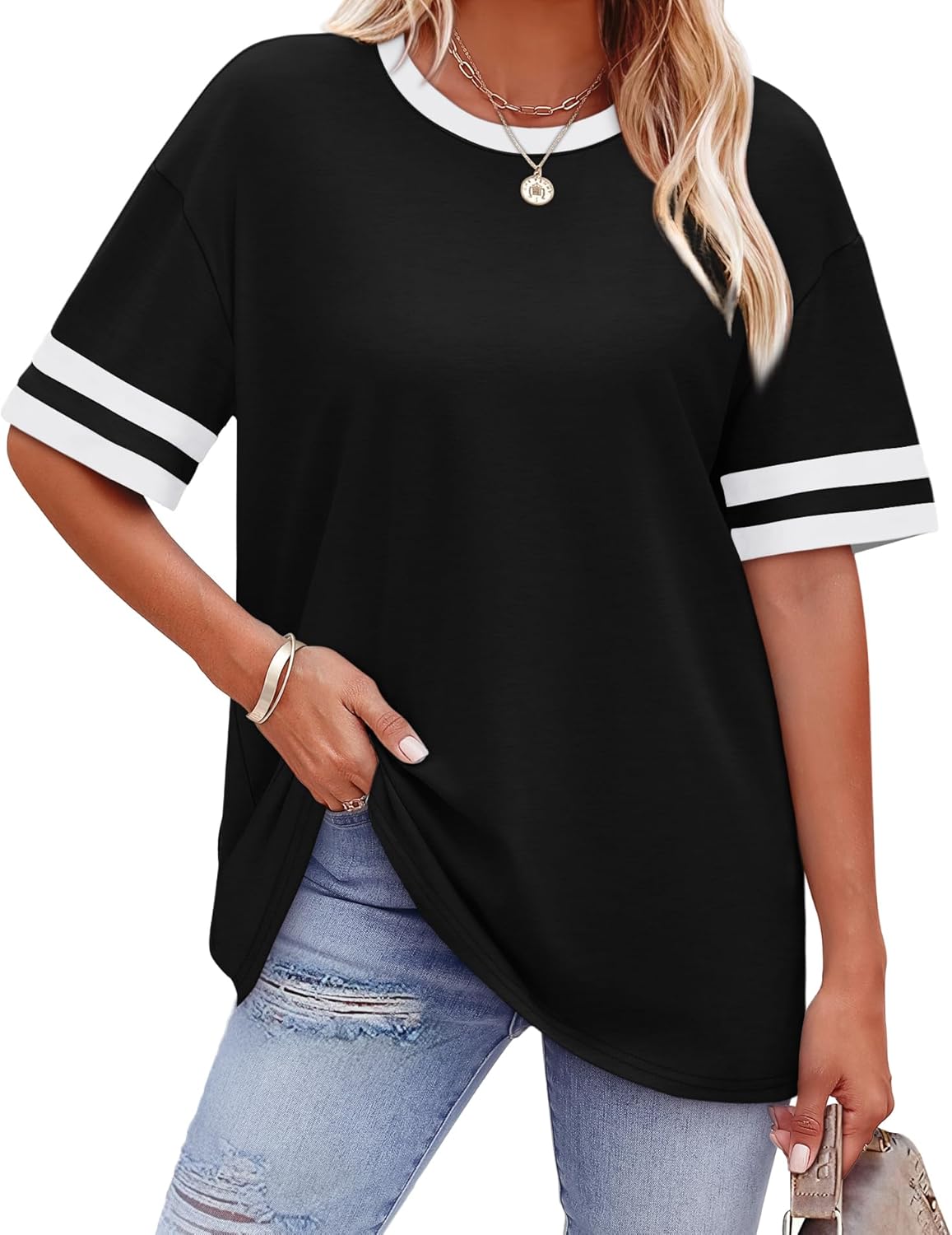 WIHOLL Womens T Shirts Loose Fit Short Sleeve Tees Crew Neck Color Block Summer Tops 2025 Fashion