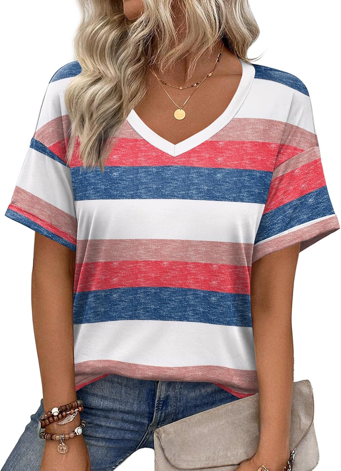 Zeagoo Womens Summer Tops Short Sleeve Casual Shirts Floral Tee Trendy 2025 Basics V Neck Plain Tshirt