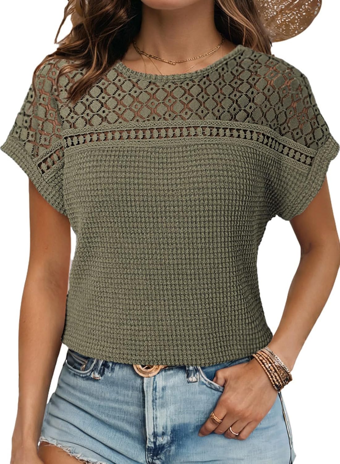 Dokotoo Women's Tops Casual Scoop Neck Short Sleeve Waffle Knit Hollow Out Shirts Loose Tunic Tops Blouses