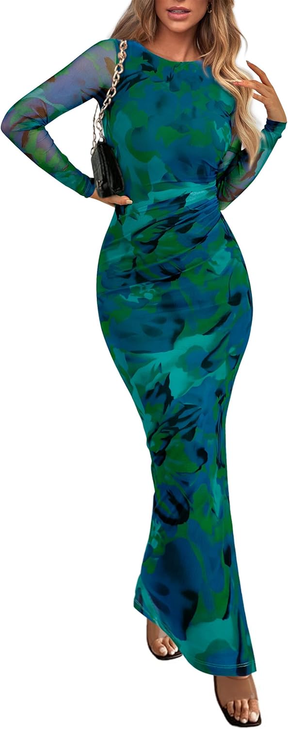 PRETTYGARDEN Women's Bodycon Maxi Dress Fall Spring Fashion Long Sleeve Floral Print Tight Fitted Party Club Ruched Dresses