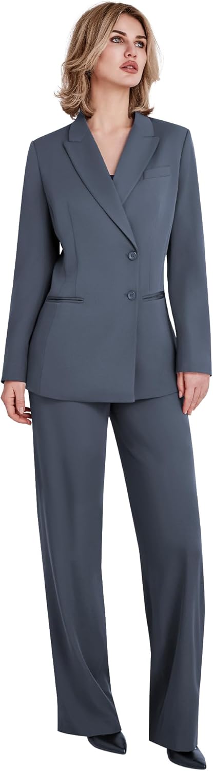 YILOTE Women's 2 Piece Suit Two Button Business Casual Office Work Outfits Dressy Blazer Wide Leg Pants Set