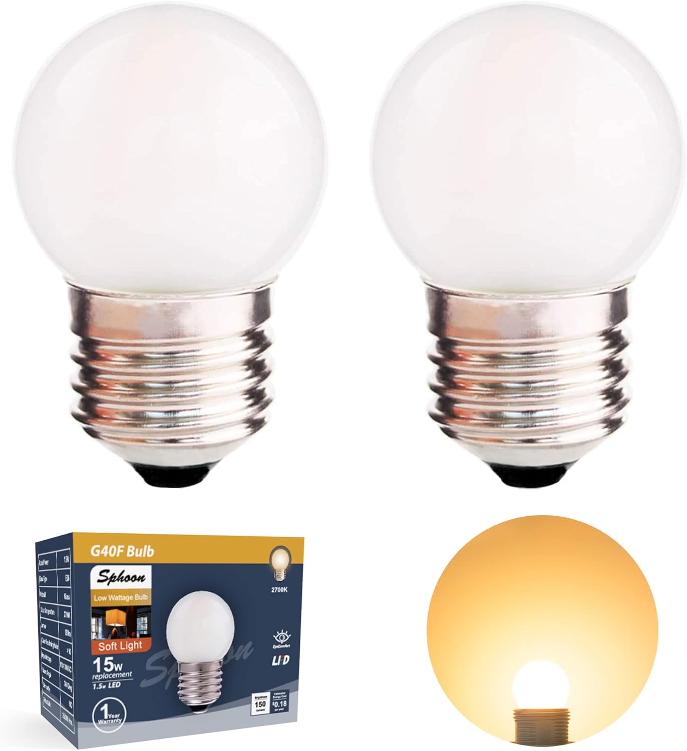 Sphoon G40 1.5w Dim Led Bulb Equivalent 15 Watt Light Bulbs, Standard E26 Base Frosted Glass Soft Bright White 6000k for H...