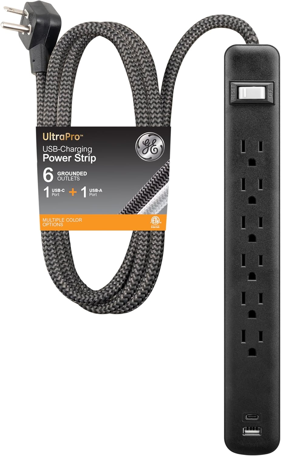 GE 6-Outlet Power Strip with USB, 1 USB-A, 1 USB-C, Outlet Extender, 6 Ft Braided Extension Cord, Flat Plug, Charging Stat...
