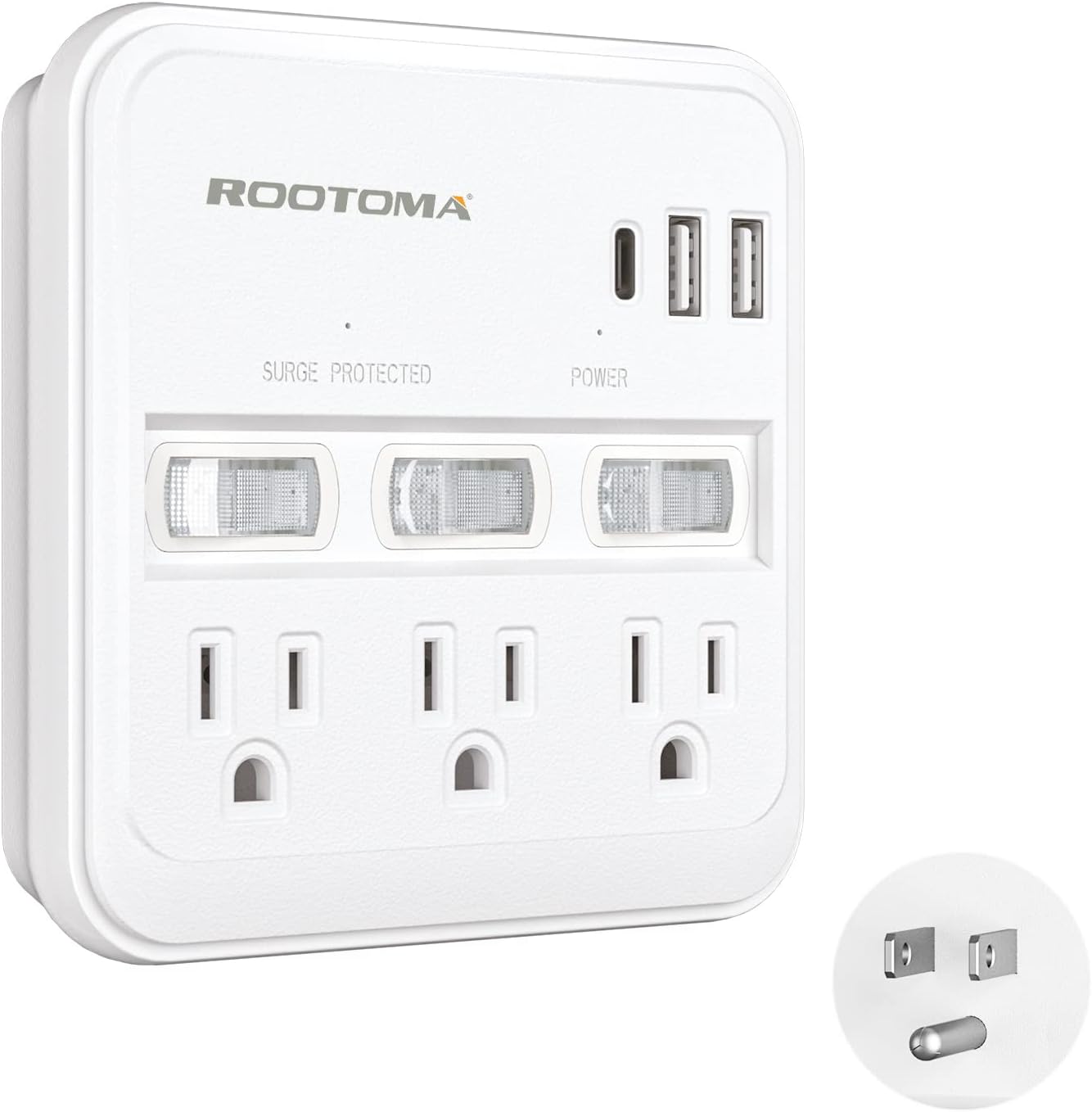 USB C Multi Plug Outlet Surge Protector with Individual Switch, USB Wall Charger Multiport, 3 AC Outlet Splitter, Wall Out...