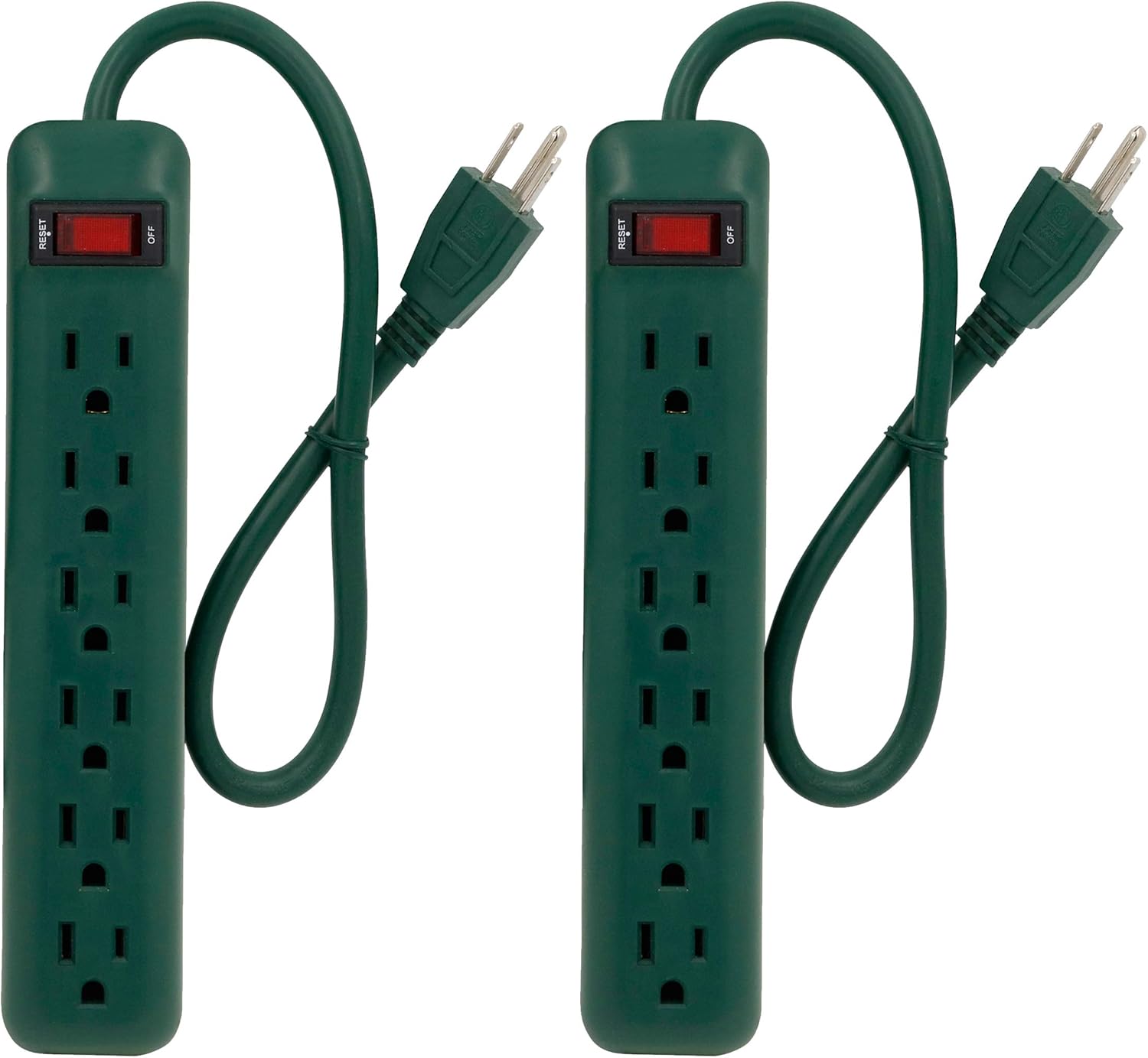 Clear Power 2-Pack 6 Outlet Power Strip with 1.5 ft Short Cord, Straight Plug, 3-Prong Grounded, Green, for Holiday, Home ...