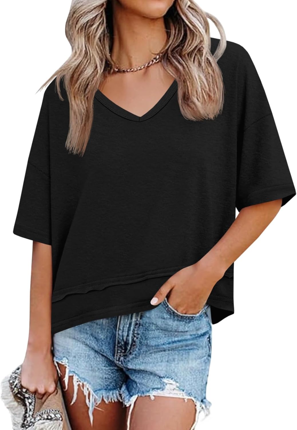 Cicy Bell Womens Summer V Neck T Shirts Casual Short Sleeve Flowy Tops Cute Loose Fit Basic Tees