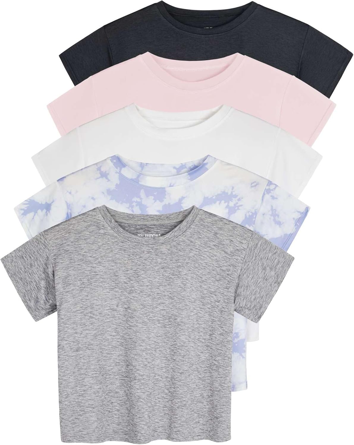 Real Essentials 5 Pack: Women's Dry Fit Crop Top - Short Sleeve Crew Neck Stretch Athletic Tee (Available in Plus Size)
