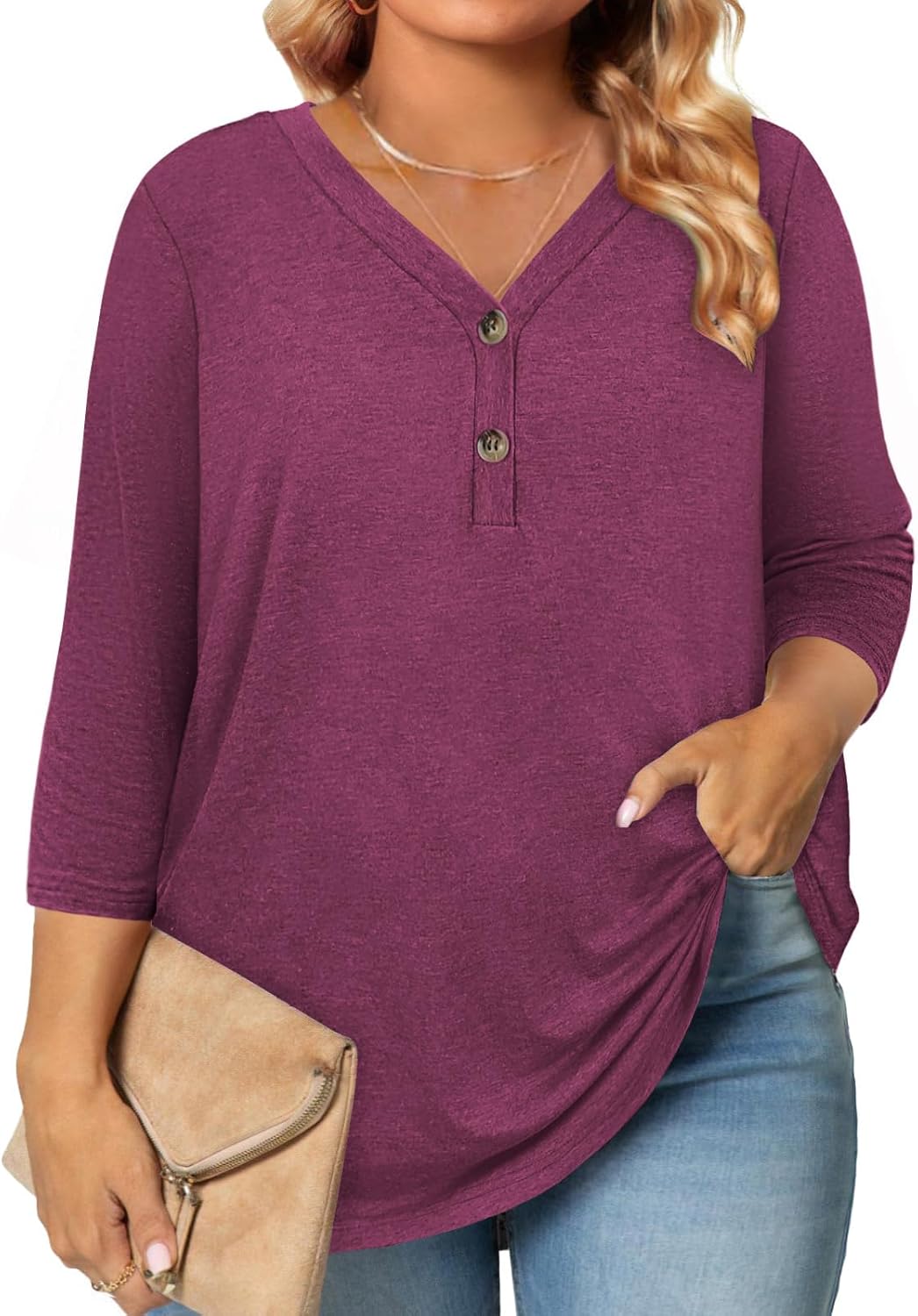 3/4 Length Sleeve Womens Summer Tops Plus Size Button Down V Neck Shirts Blouses Business Casual Loose Tunics L-4XL