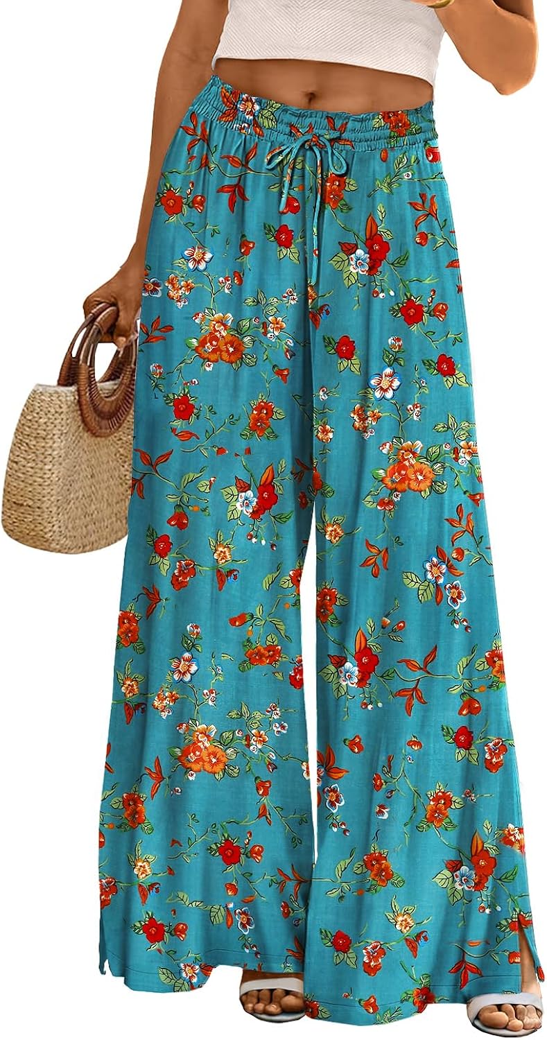 YESNO Women Summer Boho Palazzo Pants High Waist Wide Leg Floral Casual Cotton Lounge Trousers with Pockets PP0