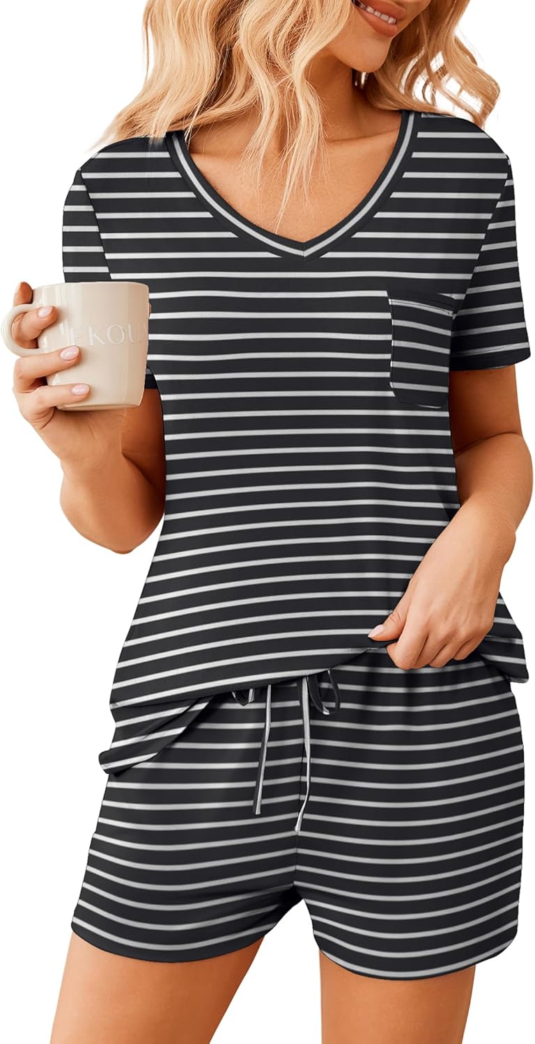 Ekouaer Womens Pajama Sets Short Sleeve Pajamas for Women Sets Soft Lounge Sets Casual V Neck Sleepwear PJS