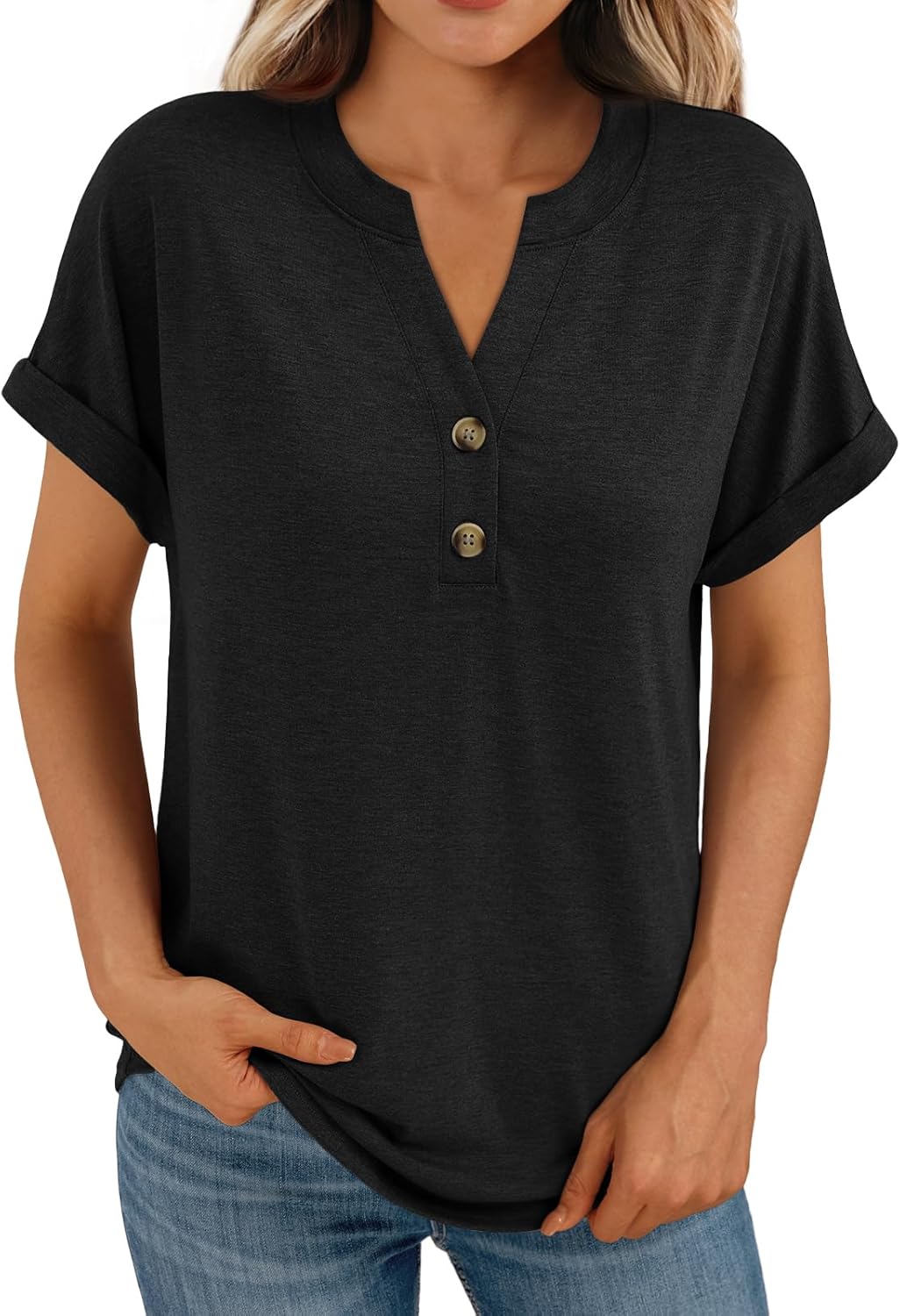 AUTOMET Women's Short Sleeve Shirts Henley Dressy Casual Summer Tops 2025 Trendy Blouses Cute T-Shirts Outfits Clothes