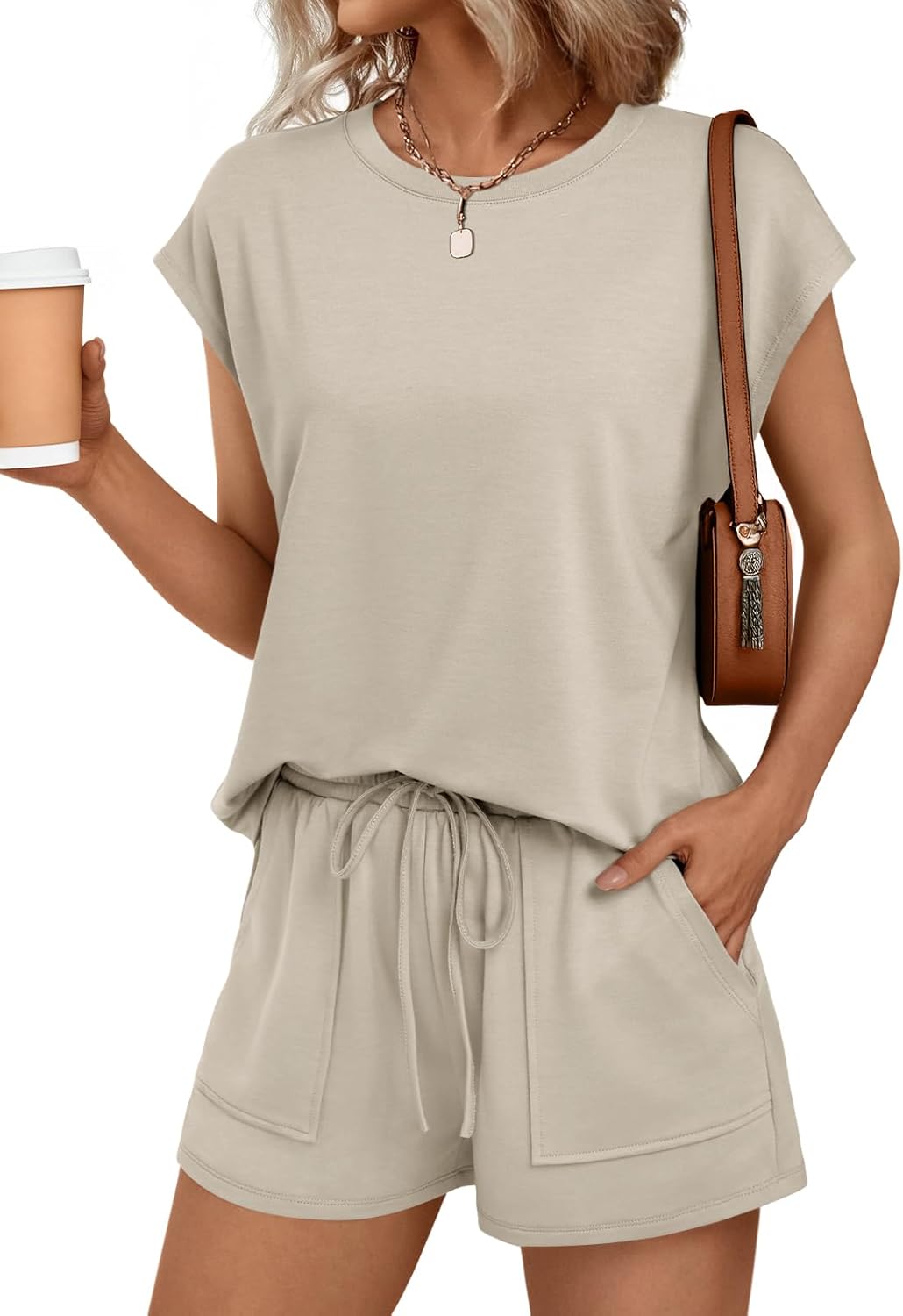 AUTOMET Womens Crew Neck Two Piece short Sets Cap Sleeve Drawstring Summer Sweatsuit with Pocket