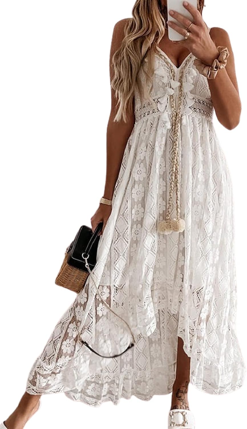 CUPSHE Women's Summer Dresses Sleeveless Lace Casual Tassel Beach Spaghetti Straps Flowy Maxi Sun Dress