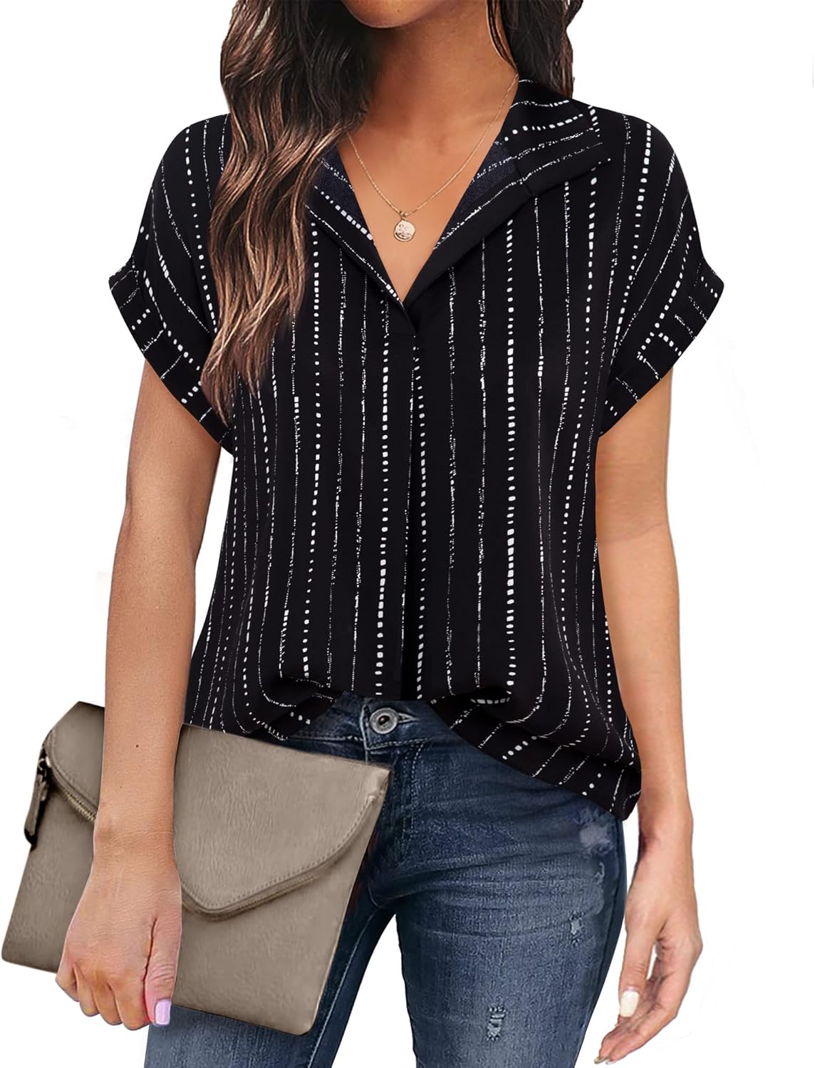 Timeson Women's Short Sleeve Chiffon Blouses for Office Work Business Attire Collared Shirts