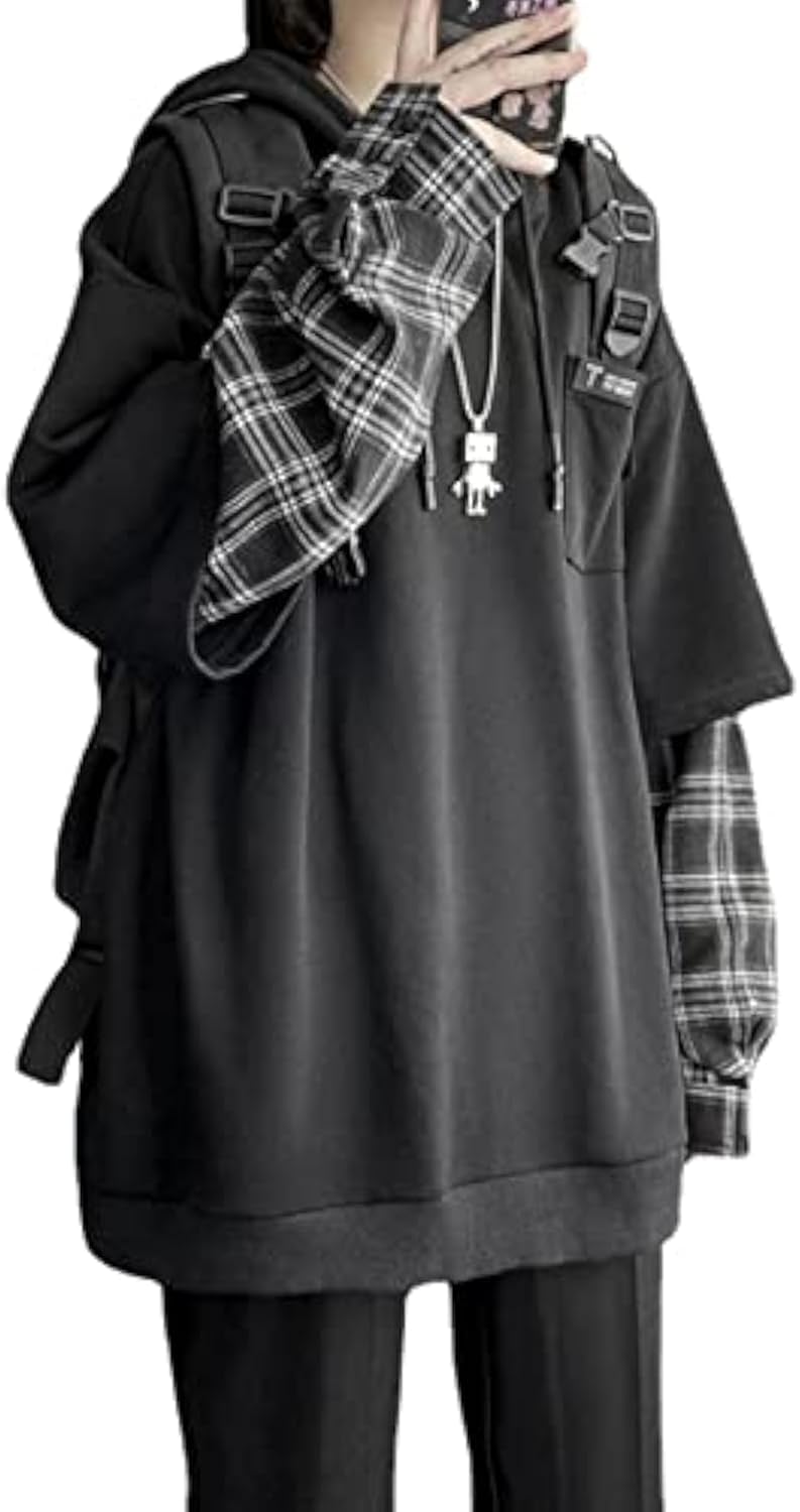YUESUO Emo Streetwear Vintage Hoodie Women Men Oversized Sweatshirt Punk Patchwork Pullovers Grunge Plaid Hoodie Clothes