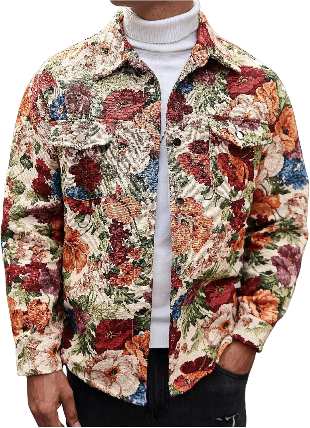 BEAUDRM Men's Vintage Floral Embroidery Jackets Collared Neck Long Sleeve Jackets Button Down Drop Shoulder Outerwear