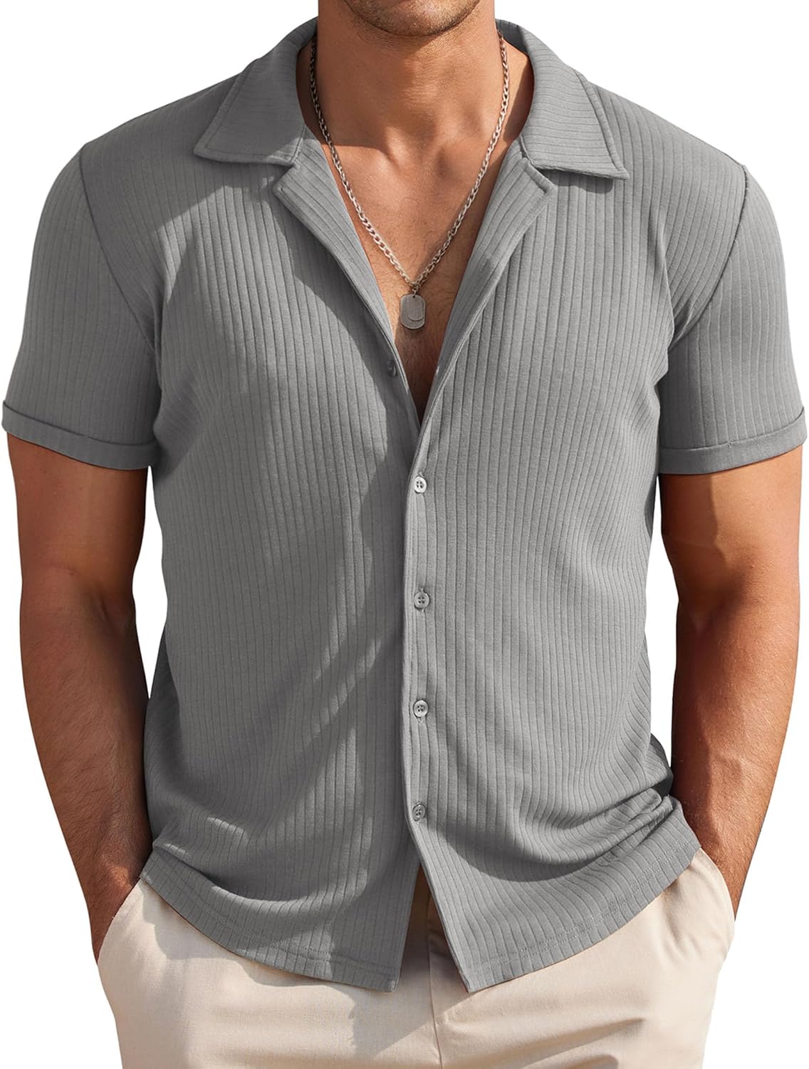 COOFANDY Mens Knit Button Down Shirt Short Sleeve Button Up Shirt Summer Casual Beach Tops