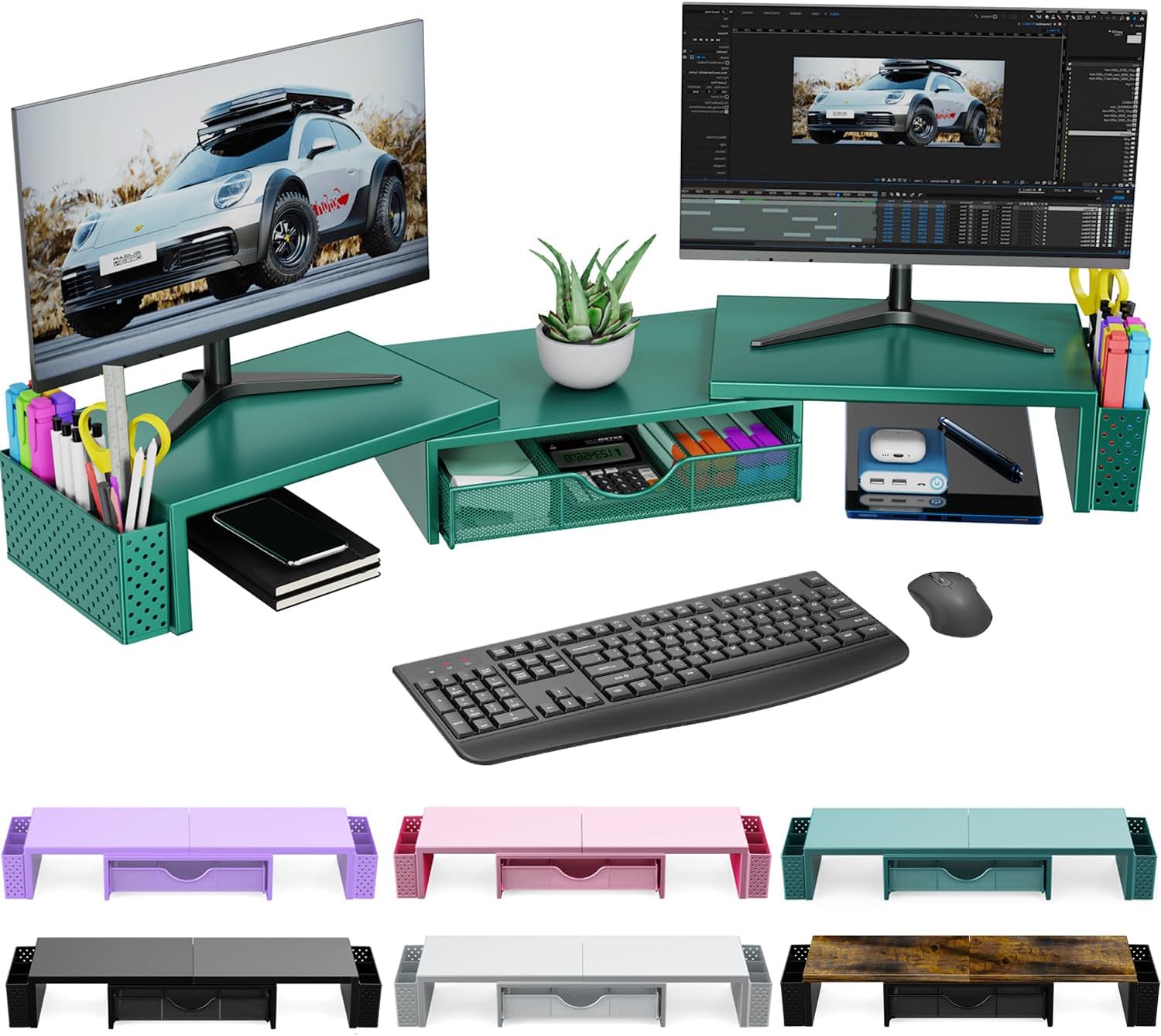 Spacrea Metal Desk Organizers and Accessories, Dual Monitor Stand Riser with Drawer and 2 Pen Holders, Desk Accessories & ...