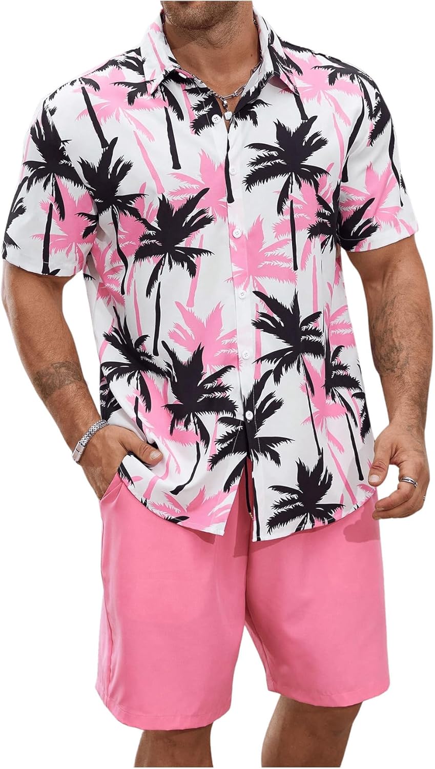 BEAUDRM Men's Plus Size 2 Pieces Outfit Floral Print Button Down Shirt and Drawstring Waist Shorts Sets