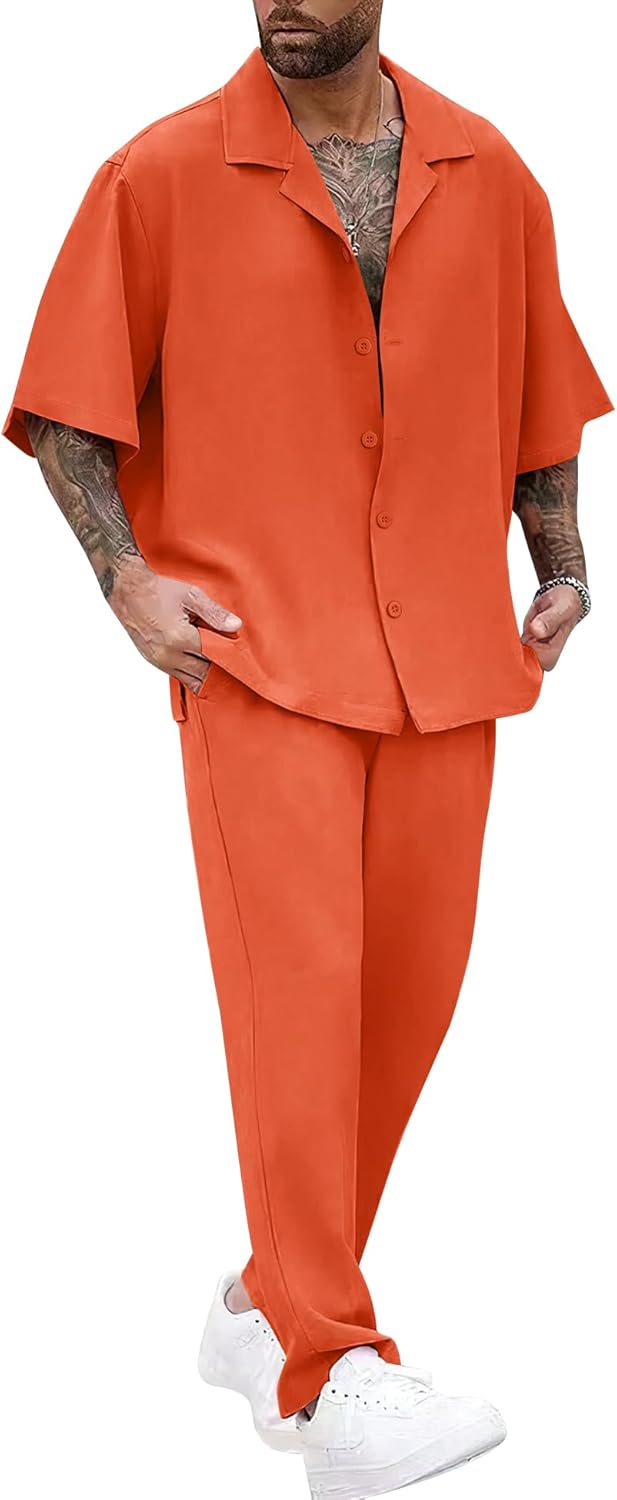 LecGee Men Summer Casual Short Sleeve Pant Sets Solid Button Down Shirt Elastic Pants 2 Piece Outfits Beach Tracksuit