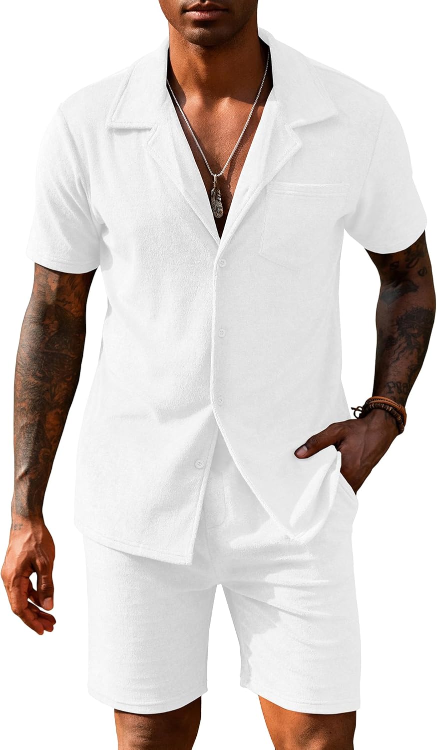URRU Mens Short Sets 2 Piece Outfits Summer Beach Terry Short Sleeve Button Down Shirt and Shorts Set