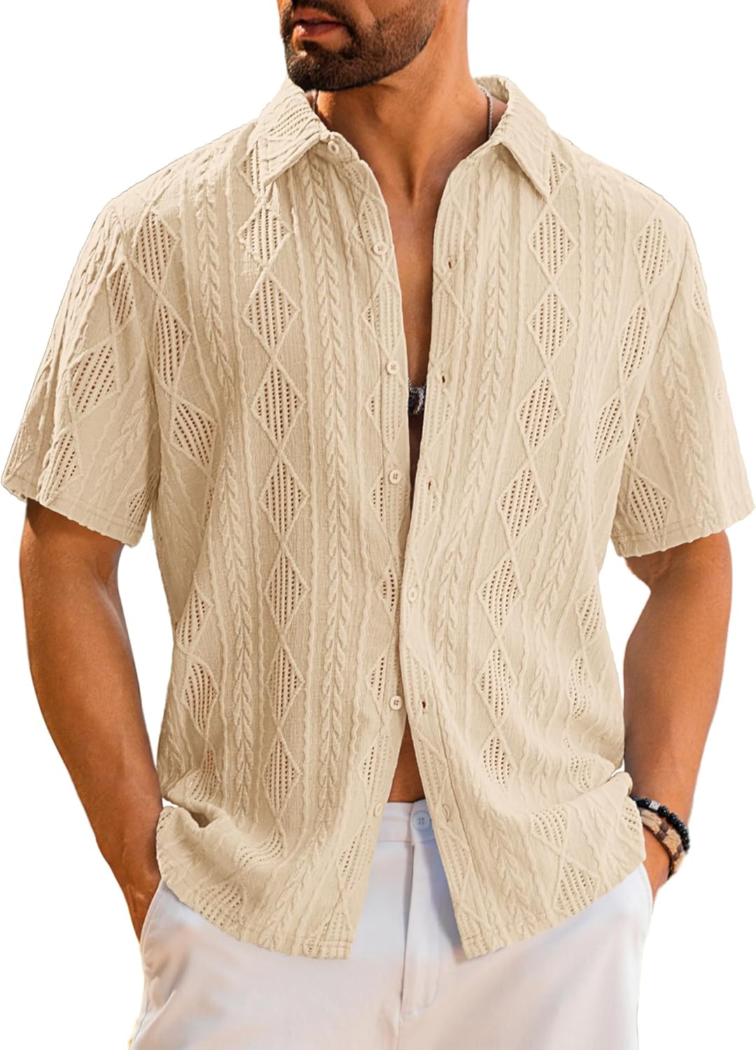 LecGee Men's Summer Button Down Shirt Short Sleeve Eyelet Hollow Out Lace Top See Thru Beach Hawaiian Shirt Casual Daily