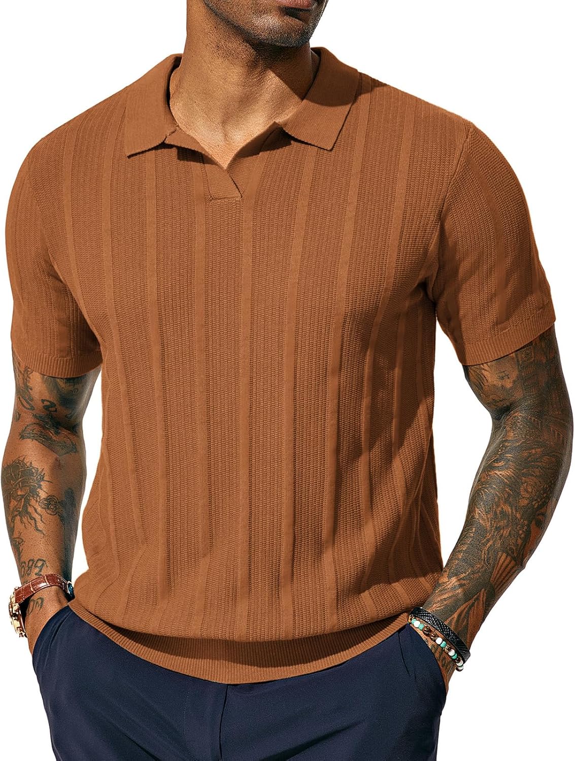 PJ PAUL JONES Mens Polo Shirts Textured Knit V-Neck Summer Shirts