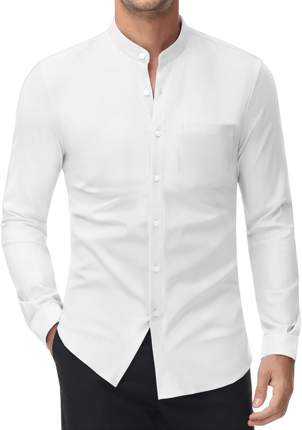DEMEANOR Band Collar Dress Shirts for Men Stretch Dress Shirts Collarless Button Down Long Sleeve Shirts Muscle Fit