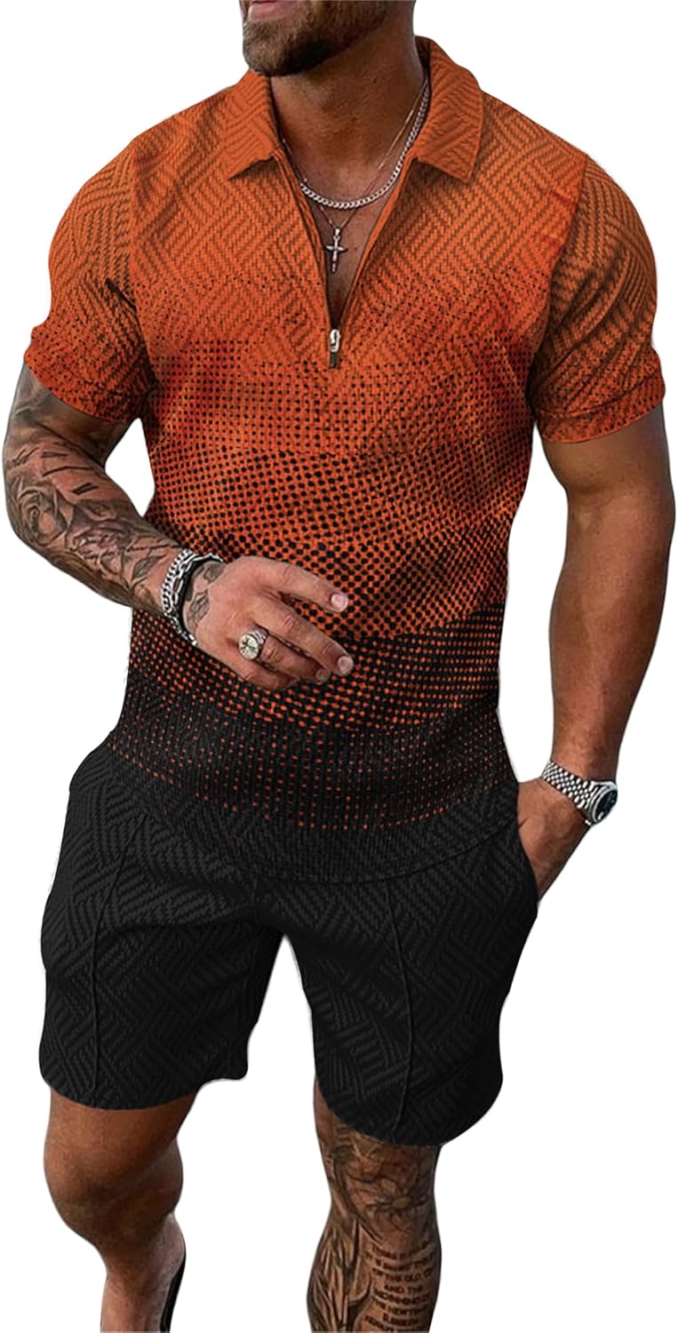 MQUN Summer men short sets outfits 2 Piece Short Sleeve Polo Shirt Shorts Set men short sets outfits Casual Sport Suit