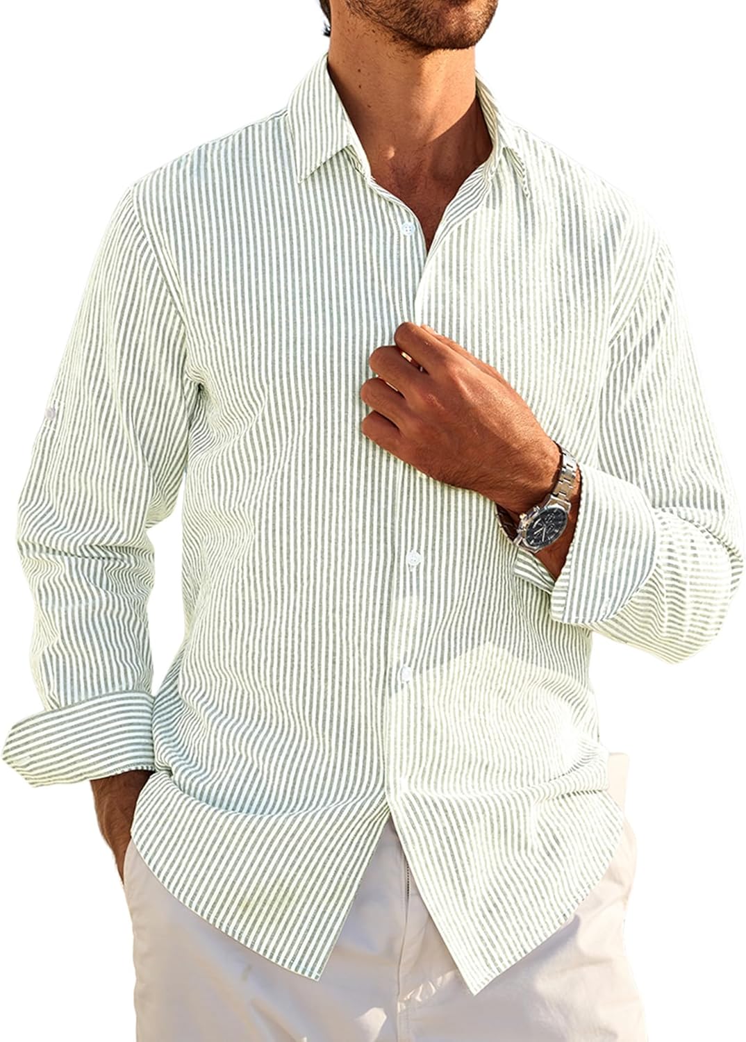 Deer Lady Mens Long Sleeve Button Down Shirt Striped Casual Cotton Business Summer Beach Wedding Dress Shirts