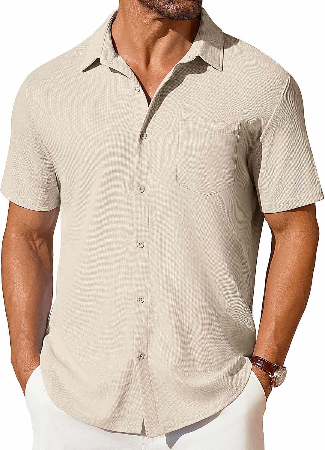 COOFANDY Men's Short Sleeve Button Down Shirt Casual Summer Beach Shirts Waffle Knit Shirt Wrinkle Free Untucked Shirt