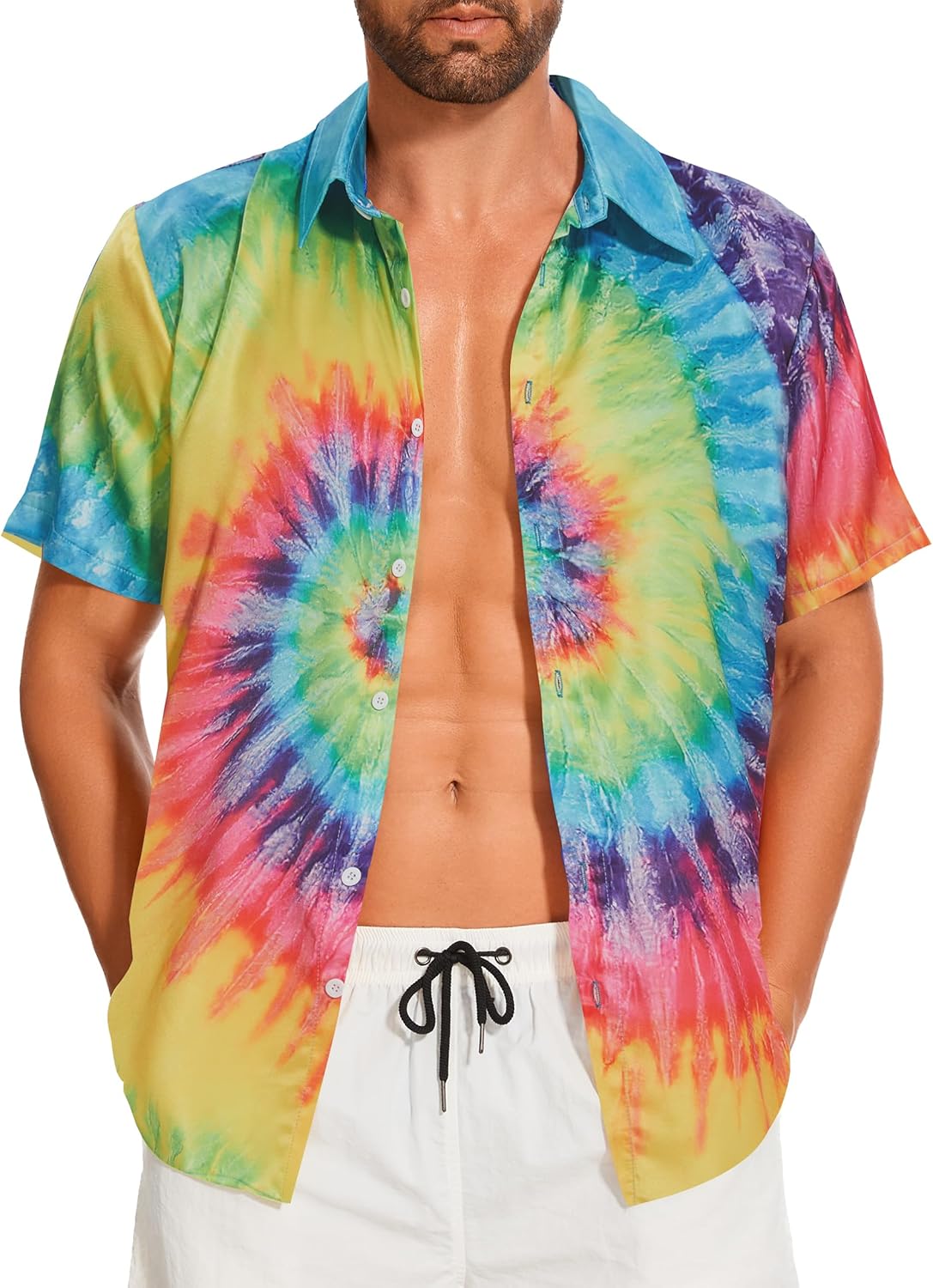 Demoking Vintage Shirts for Men Tie Dye Hippie Funny Hawaiian Shirt Button Down Shirts