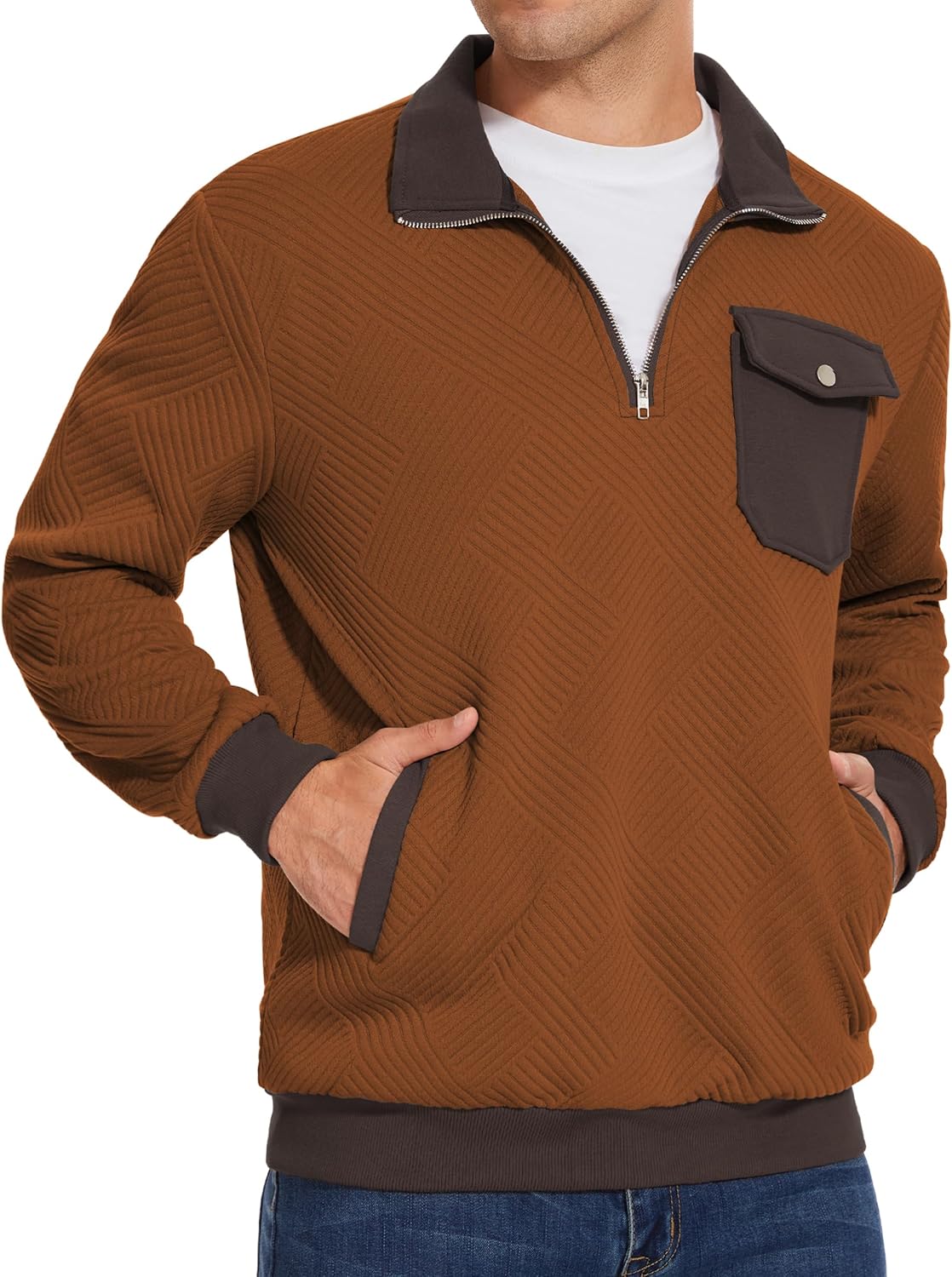 TURAND Mens Quarter Zip Pullover Casual Geometric Texture Knit Sweatshirt Long Sleeve Mock Neck Sweater Polo with Pocket