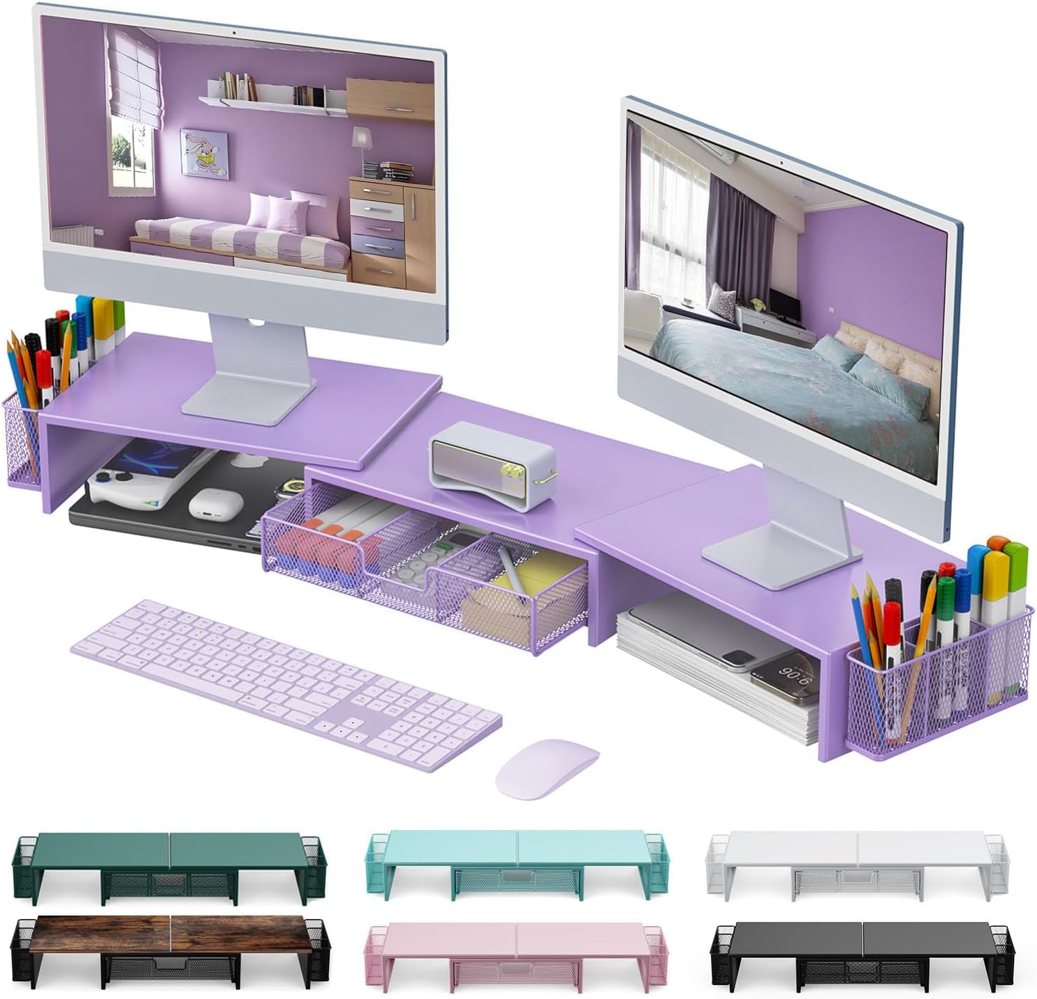 gianotter Dual Monitor Stand Riser, Desk Organizer With Drawer and 2 Pen Holders, Computer Monitor Stand, Desk Shelf for T...