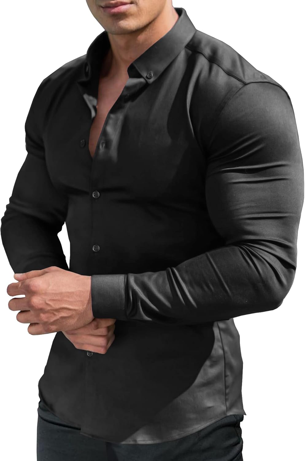 URRU Men's Muscle Dress Shirts Slim Fit Stretch Long&Short Sleeve Casual Button Down Shirt