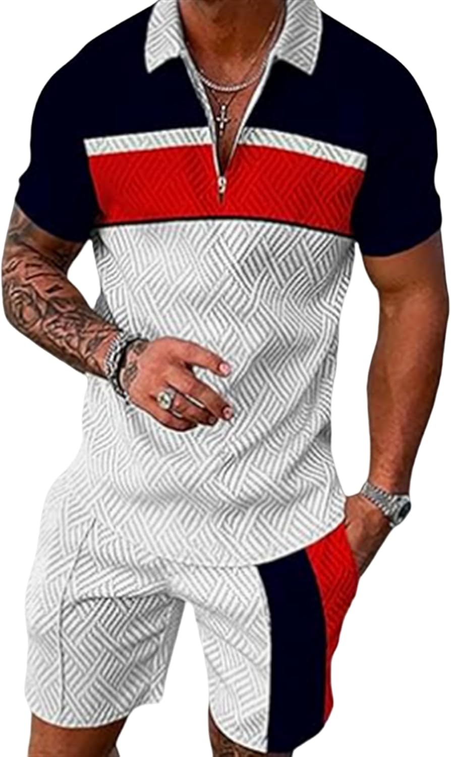 JVIIRTV Men's short sets outfits 2 piece Fashion Summer Clothing Men 1/4 Zip Golf Polo Shirt men's Casual Sportswear