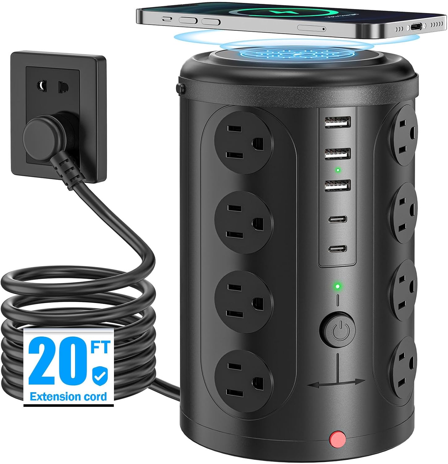 Tower Power Strip Surge Protector with 16 Outlets and 5 USB Ports (2 USB-C), 6FT Extension Cord with Multiple Outlets,Heav...