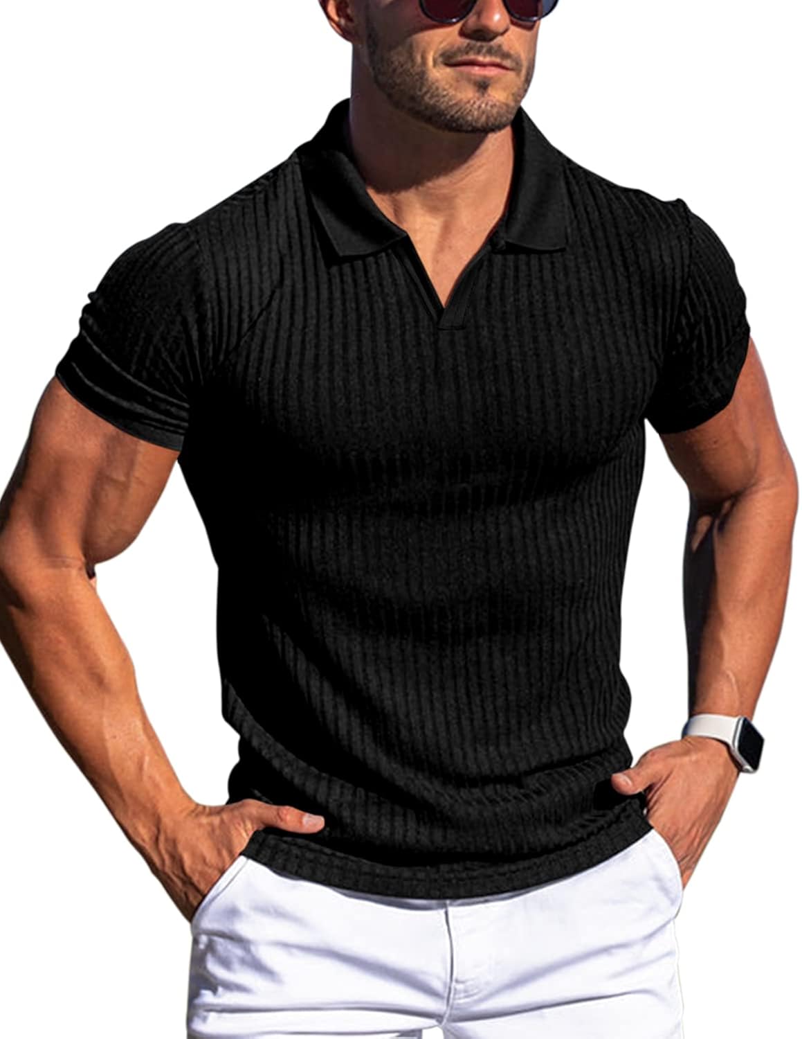 Gnvviwl Men's Muscle V Neck Polo Shirts Slim Fit Short Long Sleeve Cotton Golf T-Shirts Ribbed Knit Soft Tees