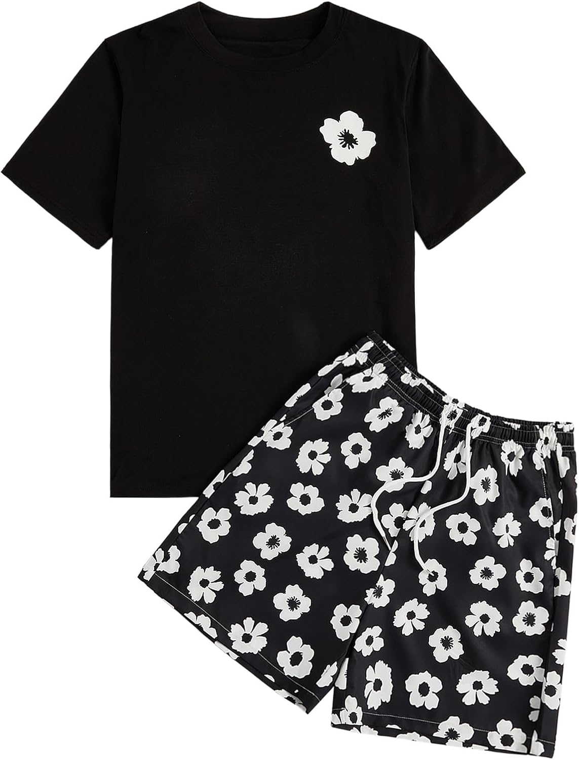 SOLY HUX Men's 2 Piece Outfits Floral Print Short Sleeve Tee and Drawstring Shorts Set