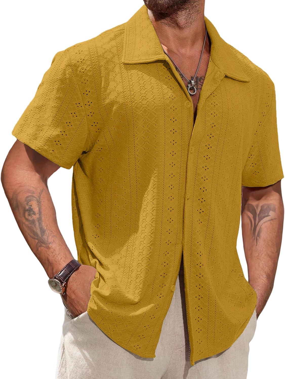 Vssjavun Mens Short Sleeve Button Down Shirts Casual Hollow Out Summer Beach Shirt