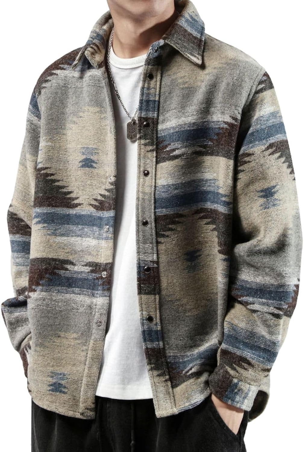 FindThy Men’s Brushed Flannel Shirts Ethnic Aztec Print Button Up Lapel Tribal Shirt Jacket Shacket