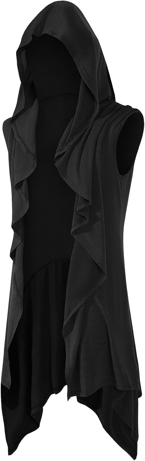 Runcati Mens Hooded Cardigan Sleeveless Ruffle Shawl Collar Open Front Knit Drape Robe