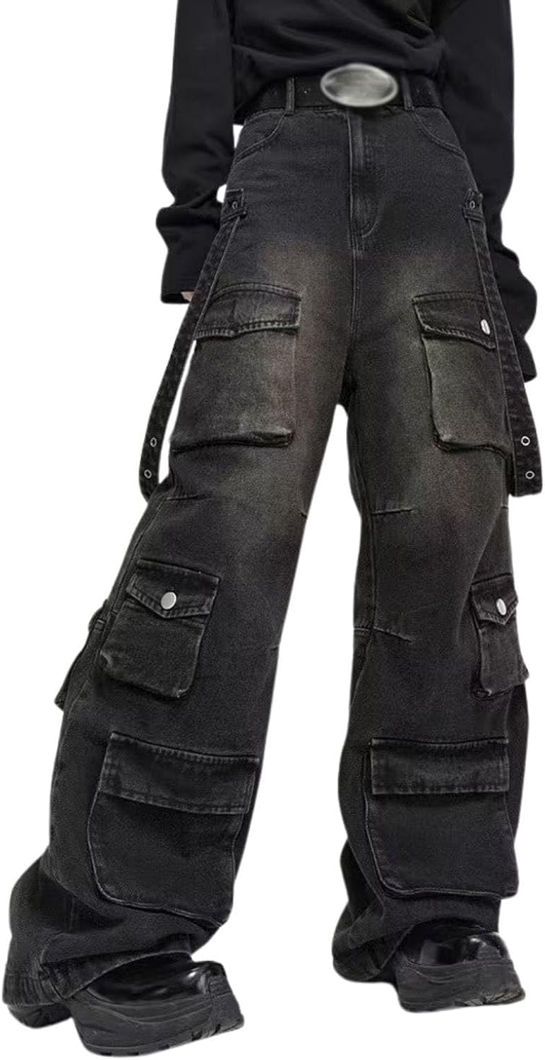 Hugboom Baggy Cargo Pants for Men Women Wide Leg Jeans Y2k Hip Hop High Waisted Pants Casual Streetwear Grunge Clothes Black