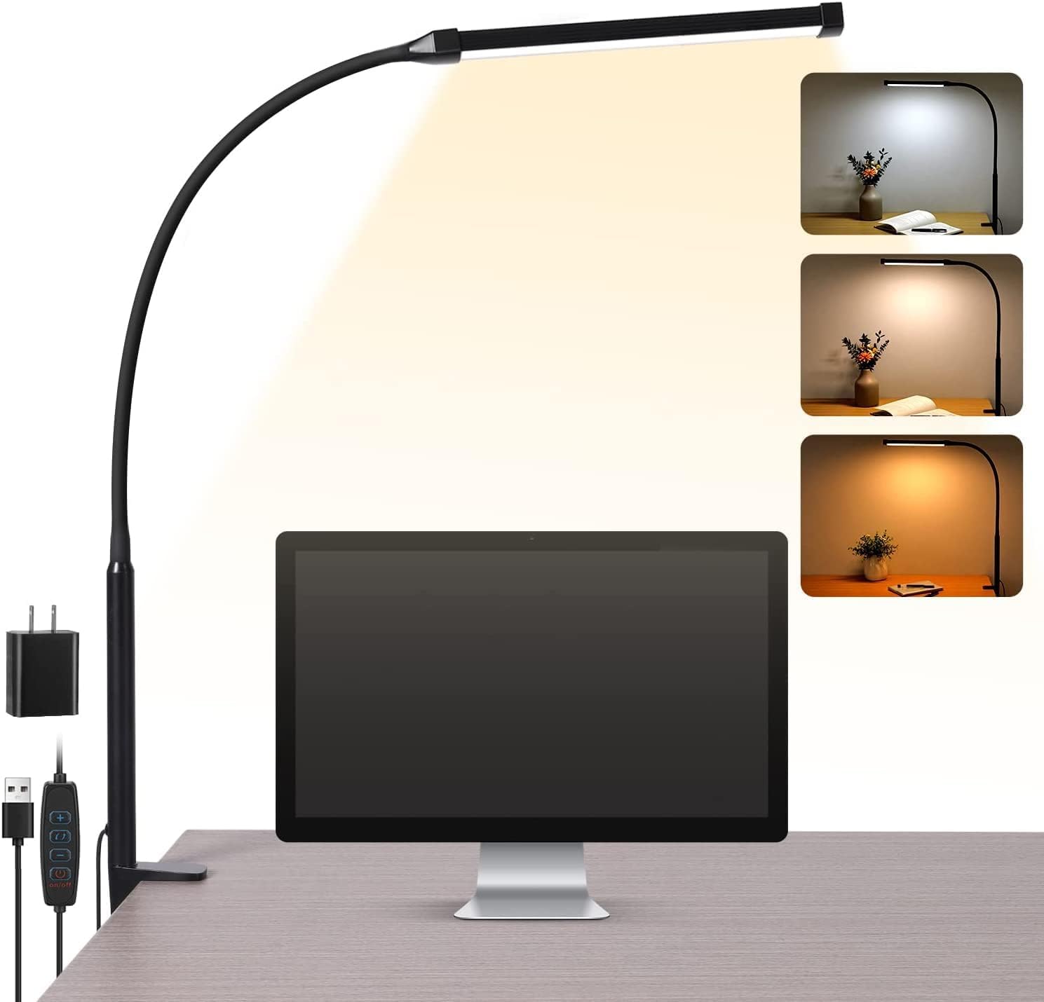 Voncerus LED Desk Lamp with Clamp, Eye-Caring Clip on Lights for Home Office, 3 Modes 10 Brightness, Long Flexible Goosene...