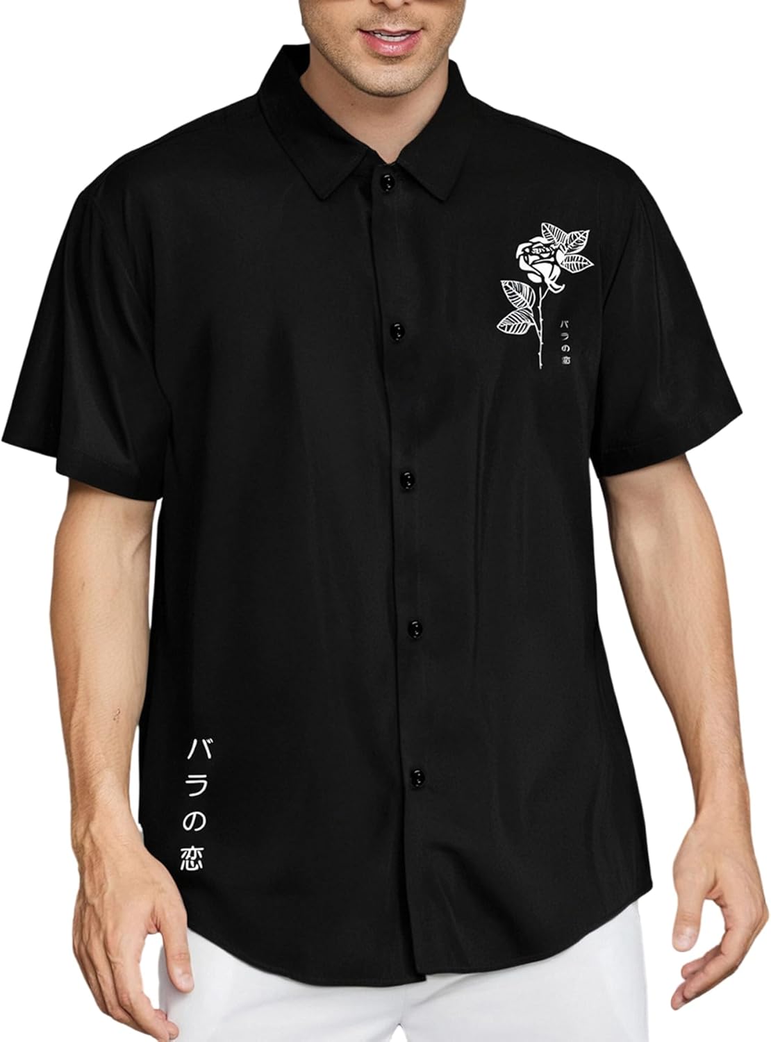 OYOANGLE Men's Graphic Print Japanese Letter Short Sleeve Button Down Shirt Top