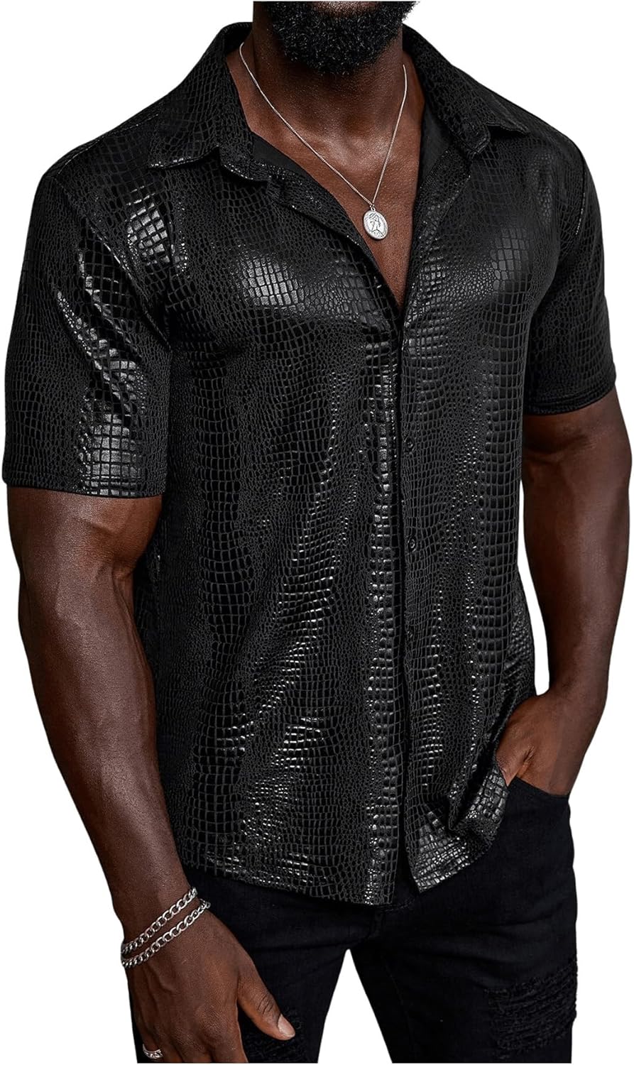 WDIRARA Men's Casual Button Down Shirts Short Sleeve Summer Cuban PU Leather Shirts